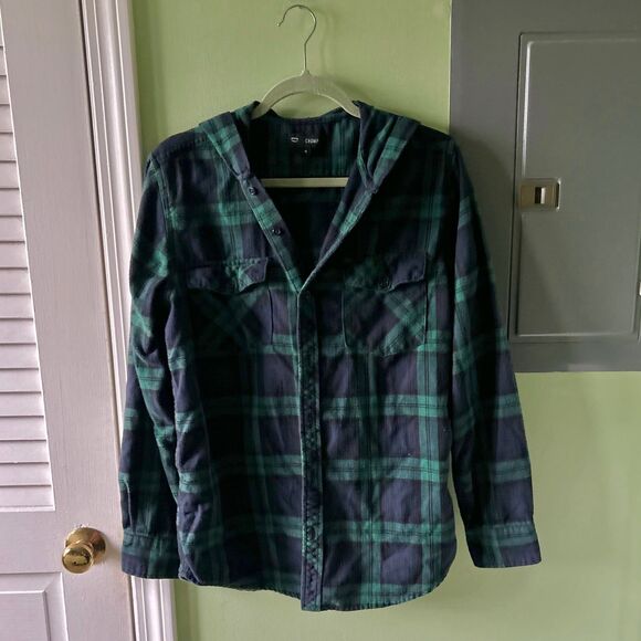 Other - Men's Plaid Green + Navy Hooded Button Down Long Sleeve Flannel Shirt